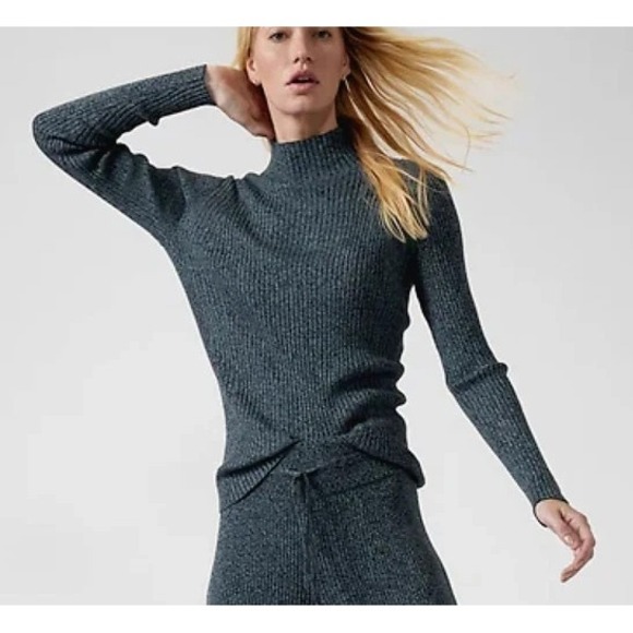 Athleta Reverie Mock Neck Ribbed Knit Pullover Sweater NWoT Medium Blue Black - Picture 1 of 10